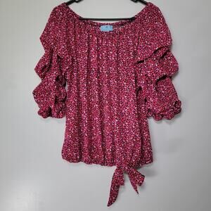 CeCe Hearts Top Womens L Pink Tiered Puff Sleeves Tie Hem Romantic Fairy Whimsy